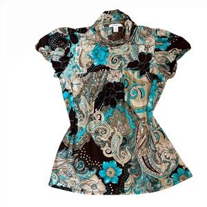 VTG paisley floral mock neck short sleeve tunic‎ blouse boho M